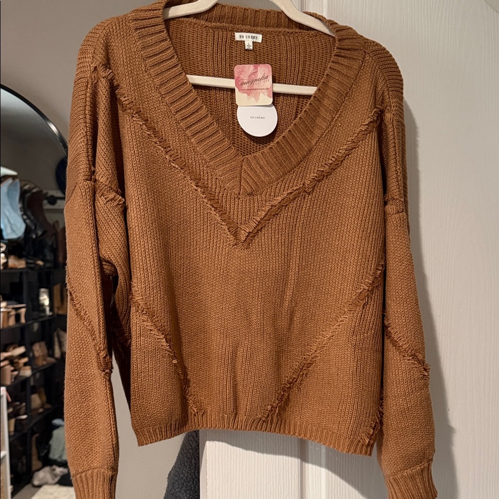 NWT Frayed V-Neck Pullover Sweater — Brown